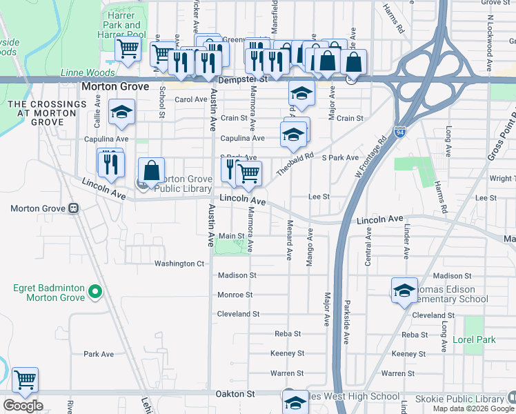 map of restaurants, bars, coffee shops, grocery stores, and more near 8423 Marmora Avenue in Morton Grove