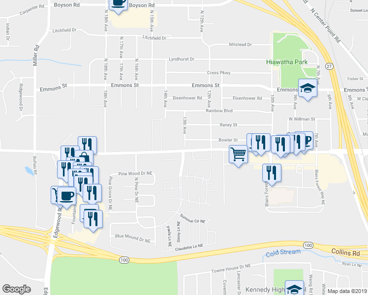 map of restaurants, bars, coffee shops, grocery stores, and more near 3424 Hemlock Place Northeast in Cedar Rapids