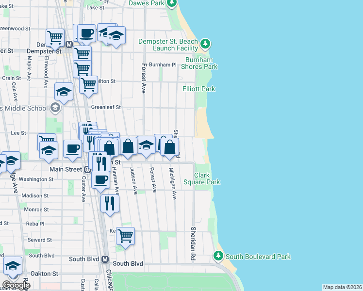 map of restaurants, bars, coffee shops, grocery stores, and more near 912 Sheridan Road in Evanston
