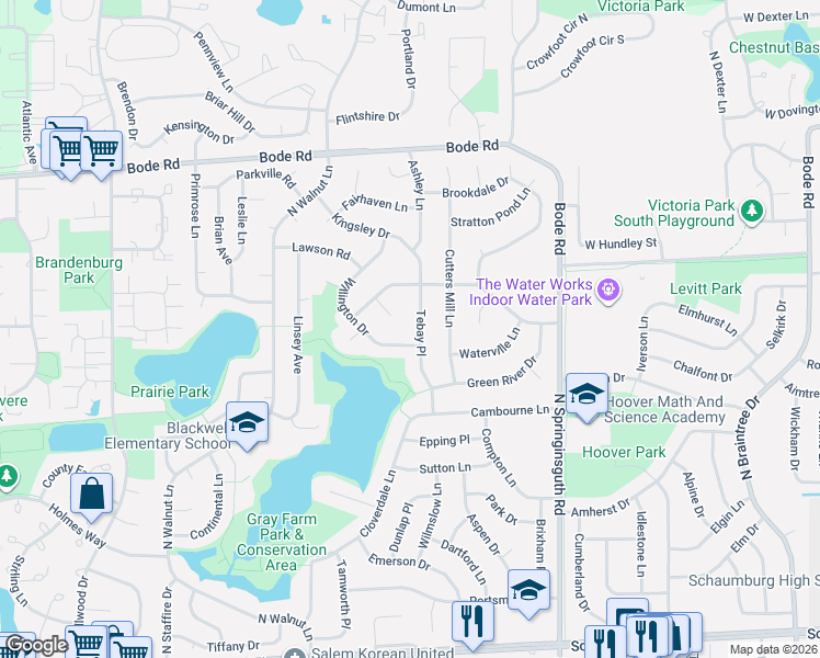 map of restaurants, bars, coffee shops, grocery stores, and more near 424 Tebay Place in Schaumburg