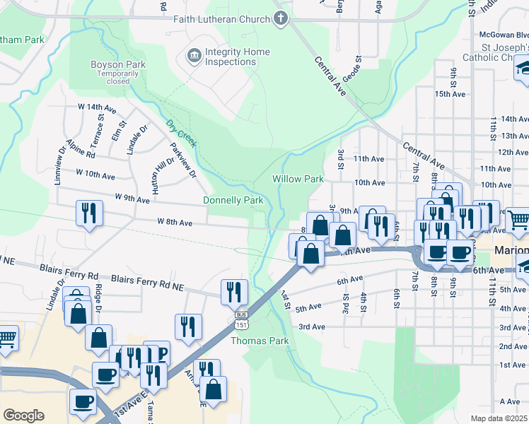 map of restaurants, bars, coffee shops, grocery stores, and more near Boyson Trail in Marion