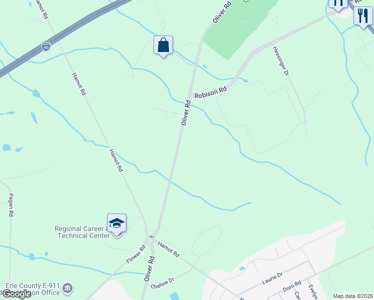 map of restaurants, bars, coffee shops, grocery stores, and more near 8355 Oliver Road in Erie