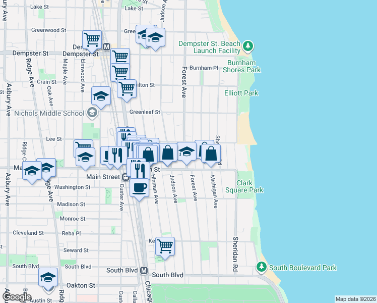 map of restaurants, bars, coffee shops, grocery stores, and more near 917 Forest Avenue in Evanston