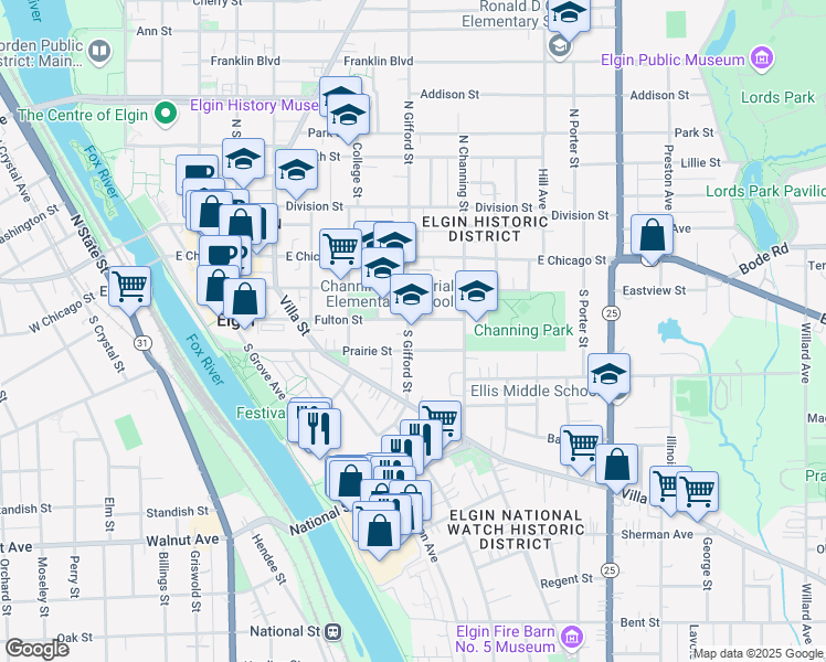 map of restaurants, bars, coffee shops, grocery stores, and more near 103 South Gifford Street in Elgin