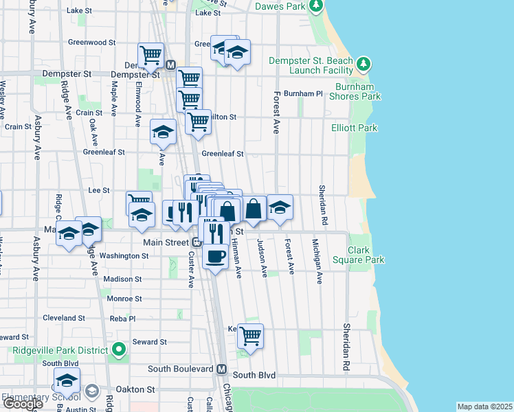 map of restaurants, bars, coffee shops, grocery stores, and more near 910 Judson Avenue in Evanston