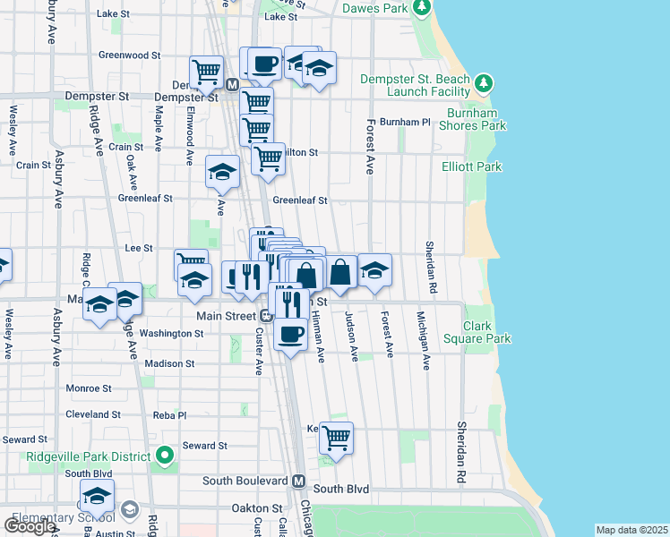map of restaurants, bars, coffee shops, grocery stores, and more near 910 Judson Avenue in Evanston