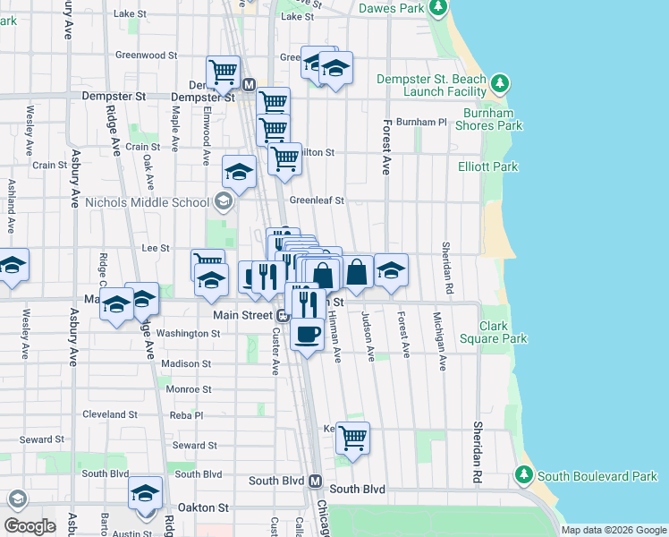 map of restaurants, bars, coffee shops, grocery stores, and more near 918 Hinman Avenue in Evanston