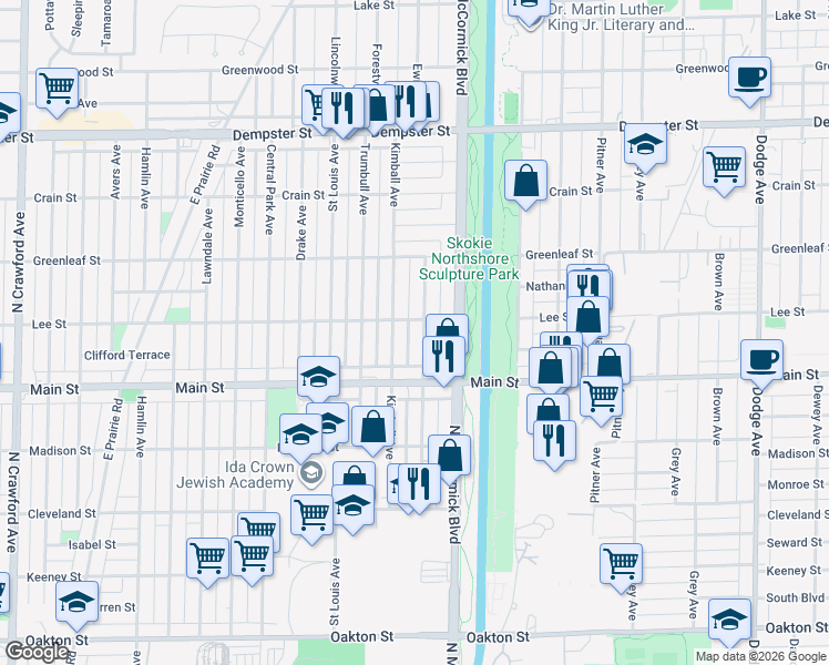 map of restaurants, bars, coffee shops, grocery stores, and more near 8426 Christiana Avenue in Skokie