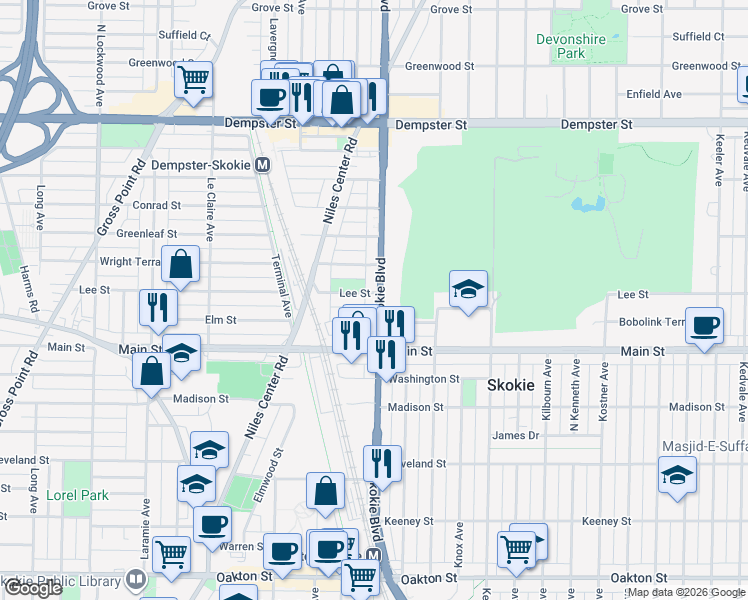 map of restaurants, bars, coffee shops, grocery stores, and more near 4750 Elm Terrace in Skokie
