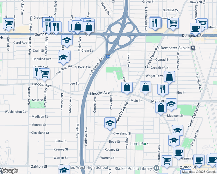 map of restaurants, bars, coffee shops, grocery stores, and more near in Skokie