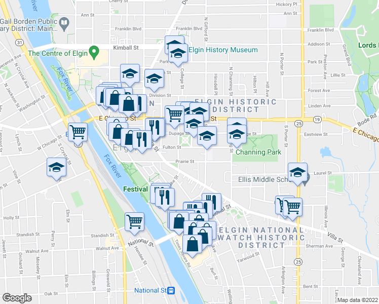 map of restaurants, bars, coffee shops, grocery stores, and more near 389 Prairie Street in Elgin