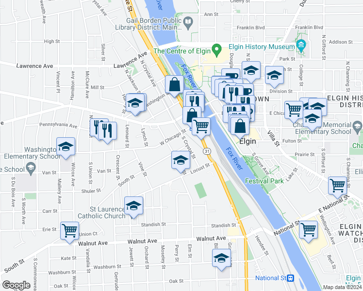 map of restaurants, bars, coffee shops, grocery stores, and more near 321 South Street in Elgin