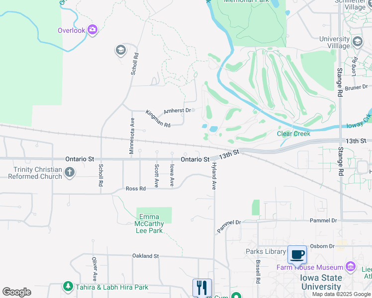 map of restaurants, bars, coffee shops, grocery stores, and more near 3006 Ontario Street in Ames
