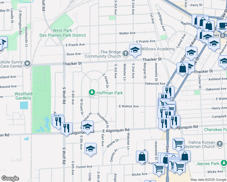 map of restaurants, bars, coffee shops, grocery stores, and more near 1001 South 3rd Avenue in Des Plaines
