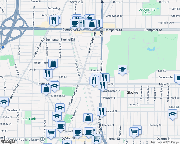 map of restaurants, bars, coffee shops, grocery stores, and more near 4849 Lee Street in Skokie