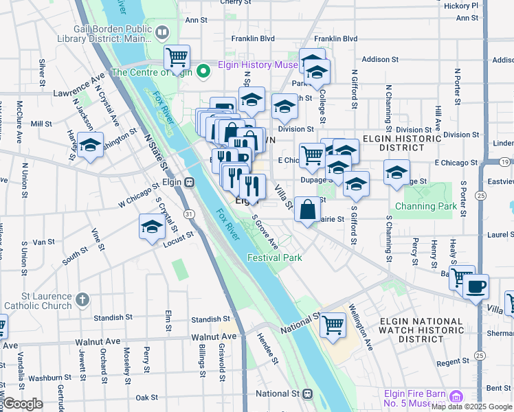map of restaurants, bars, coffee shops, grocery stores, and more near 122 South Grove Avenue in Elgin