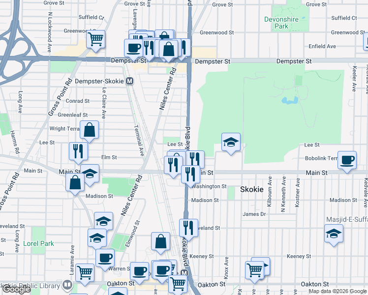 map of restaurants, bars, coffee shops, grocery stores, and more near 4750 Elm Terrace in Skokie
