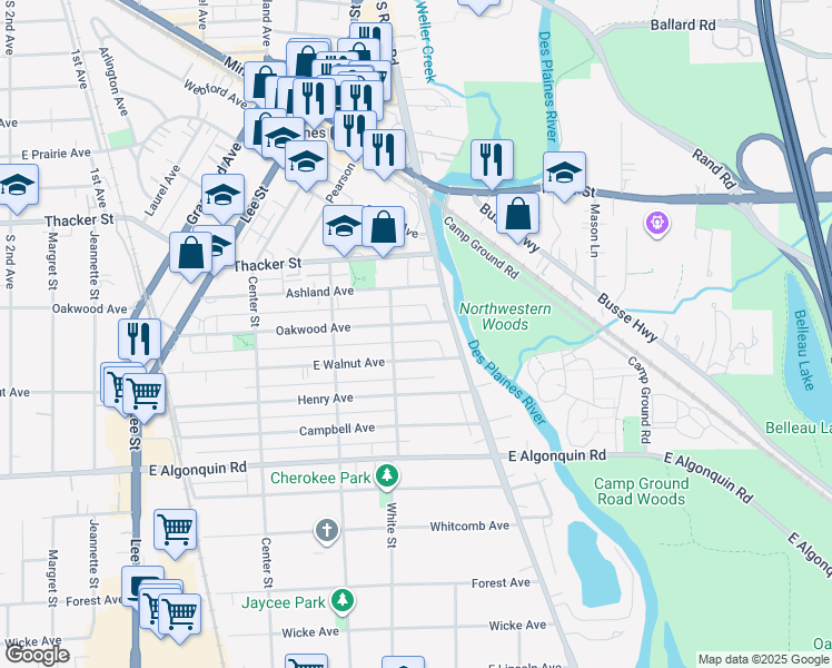 map of restaurants, bars, coffee shops, grocery stores, and more near 1638 East Walnut Avenue in Des Plaines