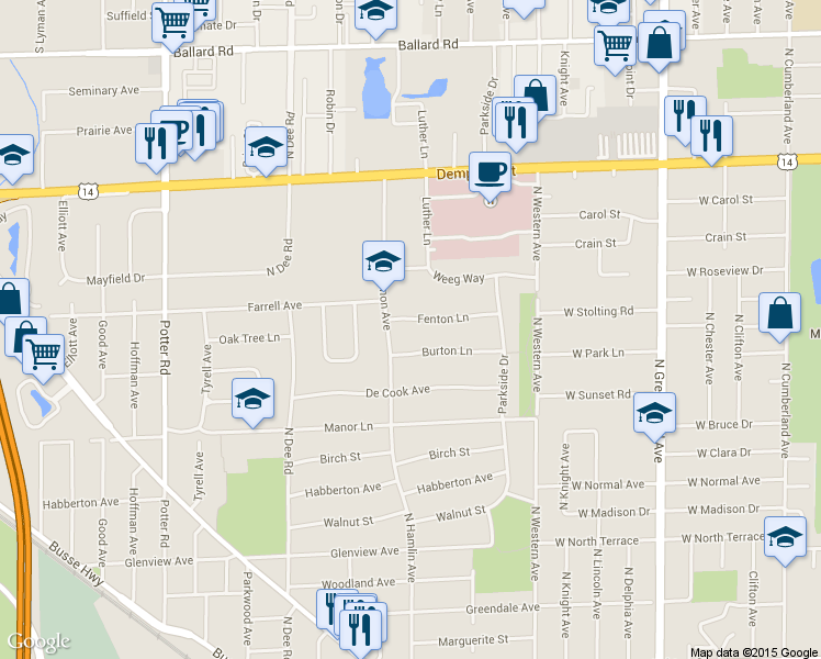 map of restaurants, bars, coffee shops, grocery stores, and more near 1947 Fenton Lane in Park Ridge