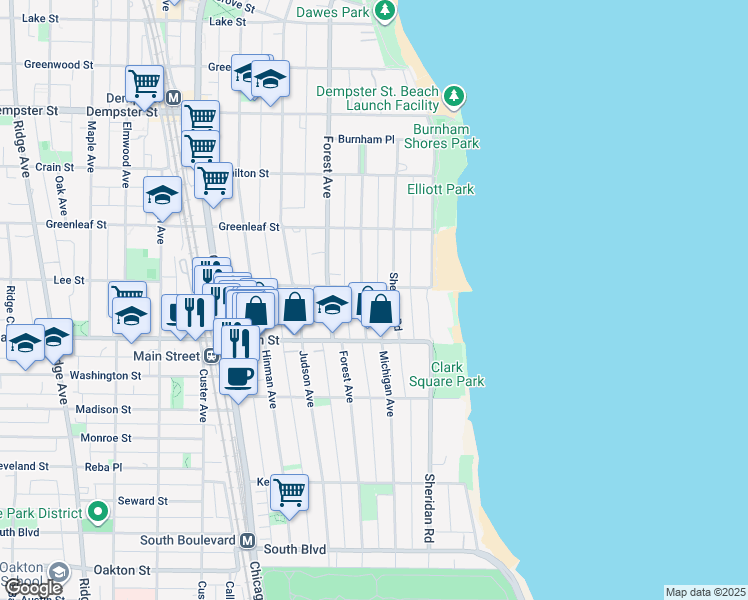 map of restaurants, bars, coffee shops, grocery stores, and more near 916 Michigan Avenue in Evanston