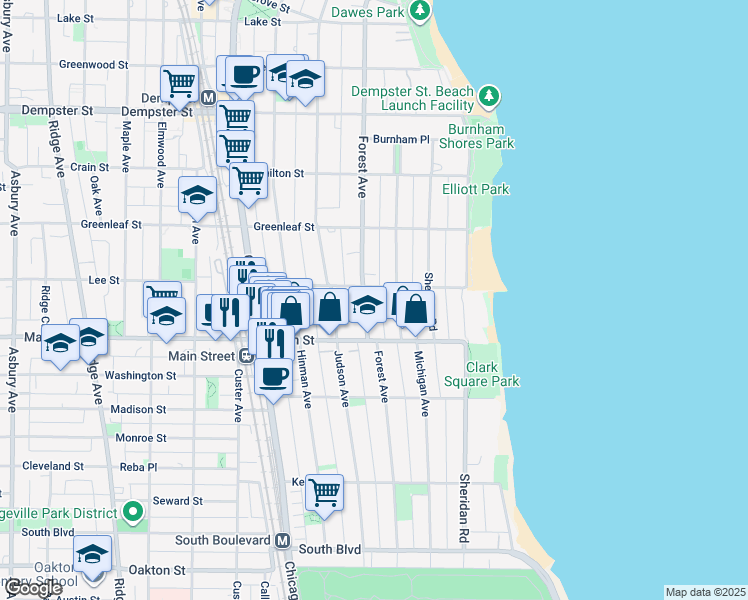 map of restaurants, bars, coffee shops, grocery stores, and more near 917 Forest Avenue in Evanston
