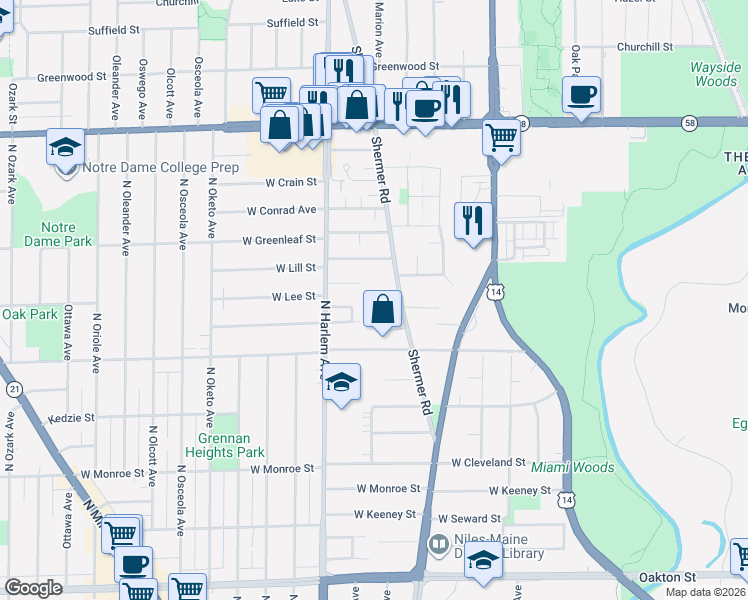 map of restaurants, bars, coffee shops, grocery stores, and more near 8450 North Shermer Road in Niles
