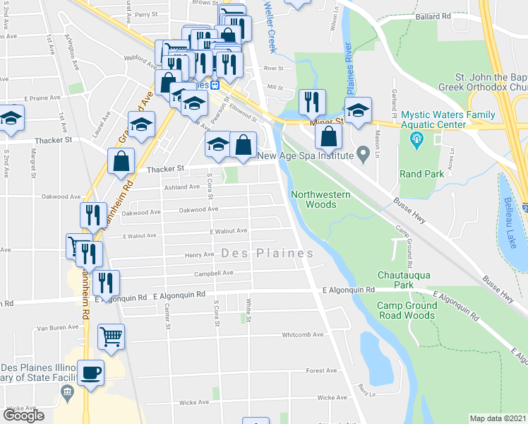 map of restaurants, bars, coffee shops, grocery stores, and more near 1638 East Walnut Avenue in Des Plaines
