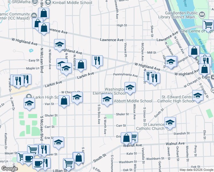 map of restaurants, bars, coffee shops, grocery stores, and more near 919 West Chicago Street in Elgin