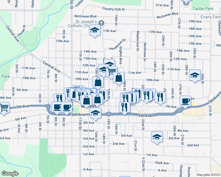 map of restaurants, bars, coffee shops, grocery stores, and more near 1580 8th Avenue in Marion