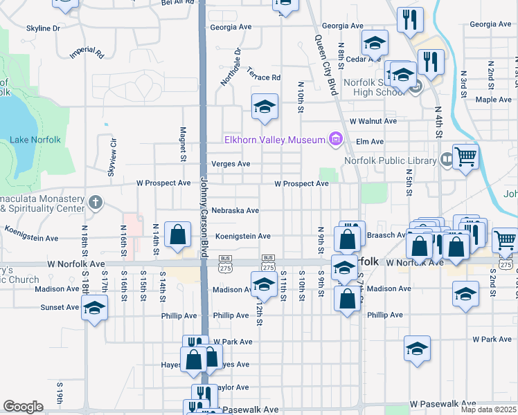 map of restaurants, bars, coffee shops, grocery stores, and more near 209 North 12th Street in Norfolk