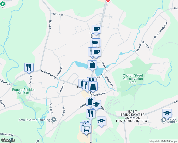 map of restaurants, bars, coffee shops, grocery stores, and more near 56 North Bedford Street in East Bridgewater