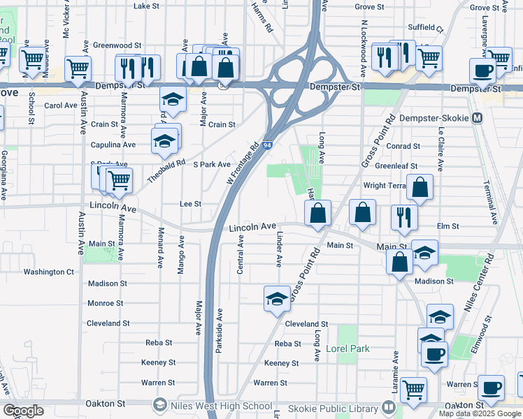 map of restaurants, bars, coffee shops, grocery stores, and more near in Skokie