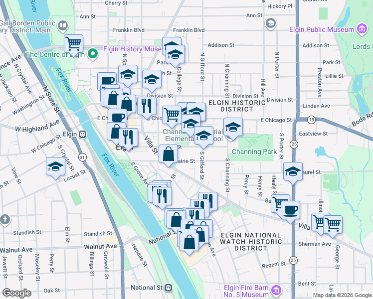 map of restaurants, bars, coffee shops, grocery stores, and more near 371 Fulton Street in Elgin