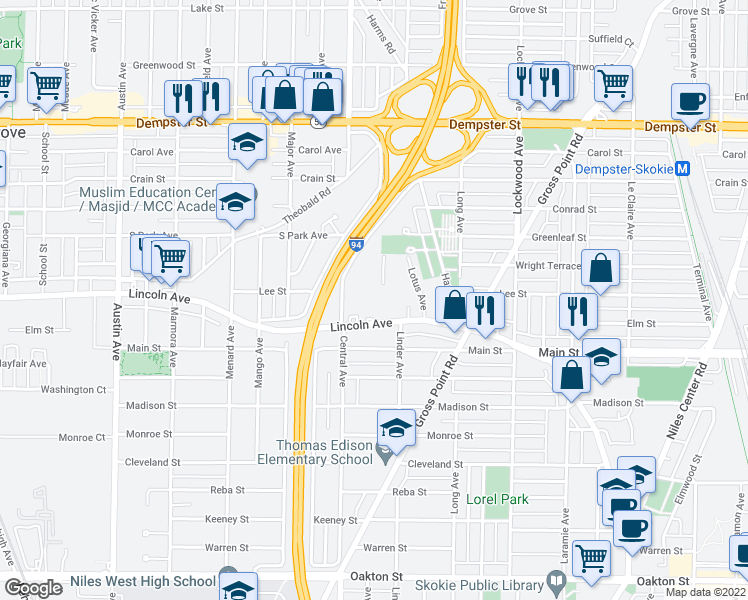 map of restaurants, bars, coffee shops, grocery stores, and more near in Skokie
