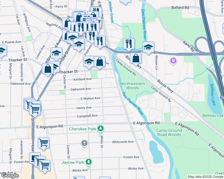 map of restaurants, bars, coffee shops, grocery stores, and more near 1649 Ashland Avenue in Des Plaines