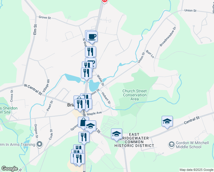 map of restaurants, bars, coffee shops, grocery stores, and more near 147 Union Street in East Bridgewater