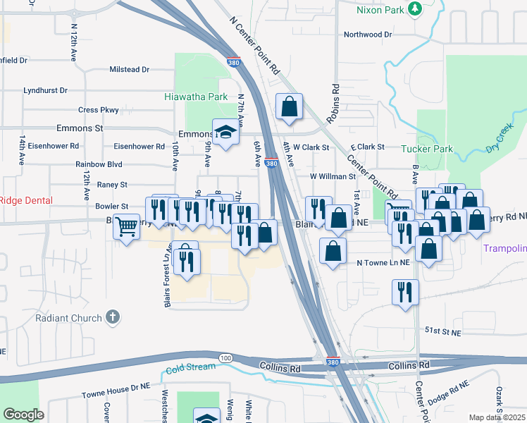 map of restaurants, bars, coffee shops, grocery stores, and more near 209 6th Avenue in Hiawatha