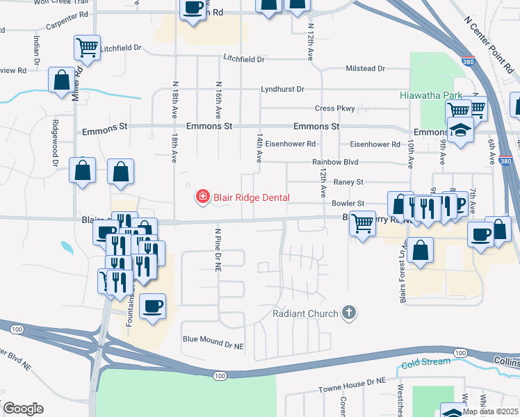 map of restaurants, bars, coffee shops, grocery stores, and more near 1400 Blairs Ferry Road in Hiawatha