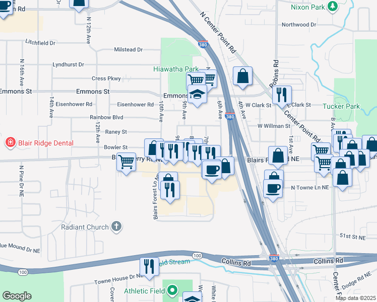 map of restaurants, bars, coffee shops, grocery stores, and more near 304 8th Avenue in Hiawatha