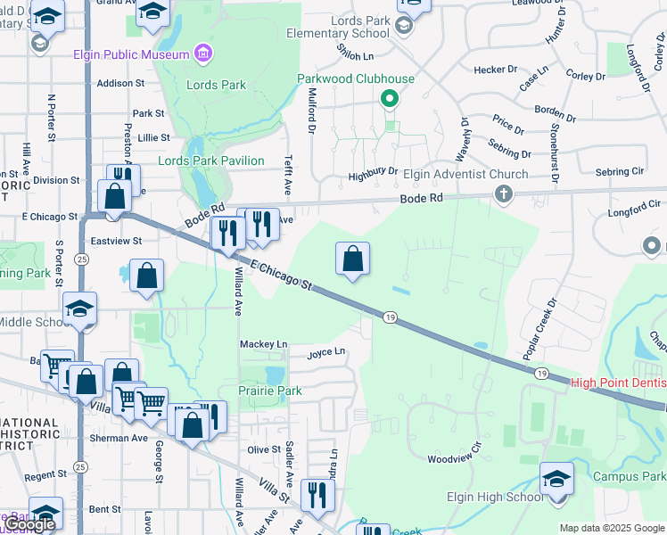 map of restaurants, bars, coffee shops, grocery stores, and more near in Elgin