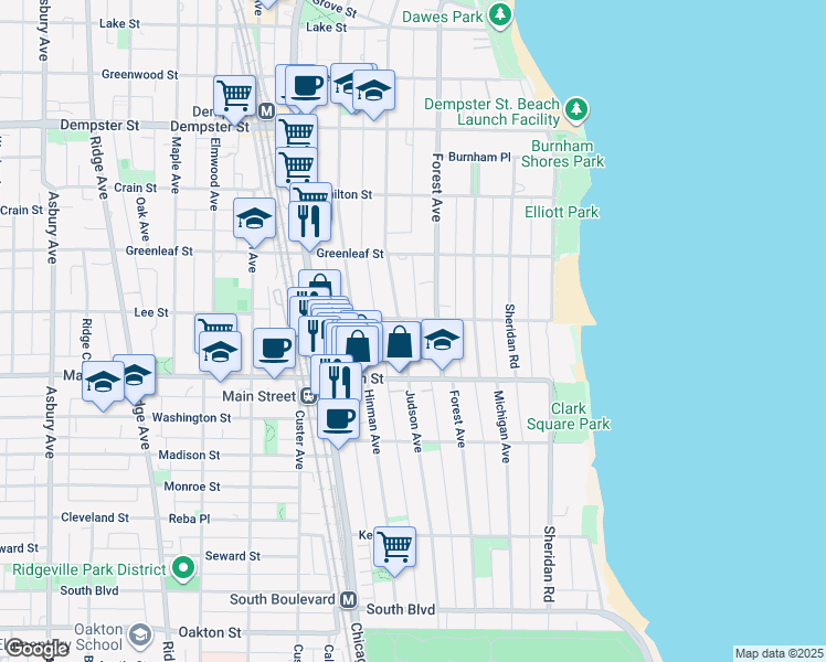 map of restaurants, bars, coffee shops, grocery stores, and more near 1007 Judson Avenue in Evanston