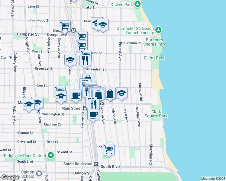 map of restaurants, bars, coffee shops, grocery stores, and more near 1007 Judson Avenue in Evanston