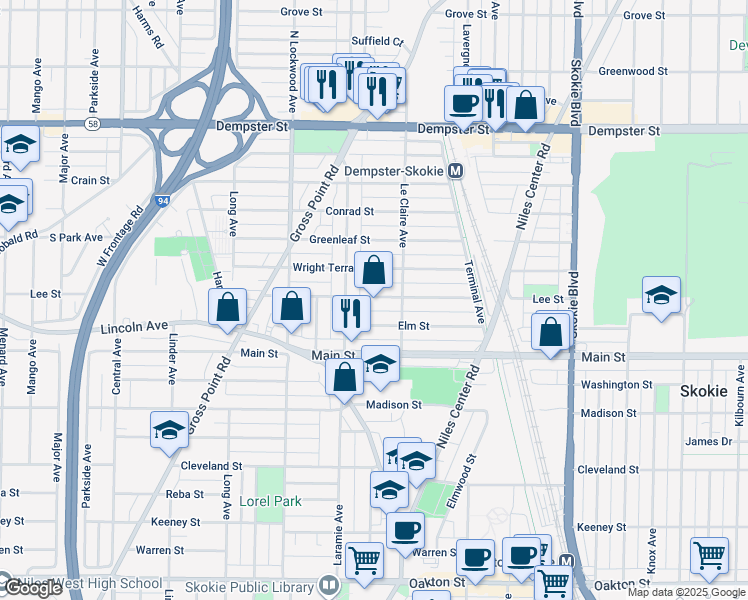 map of restaurants, bars, coffee shops, grocery stores, and more near 5135 Wright Terrace in Skokie