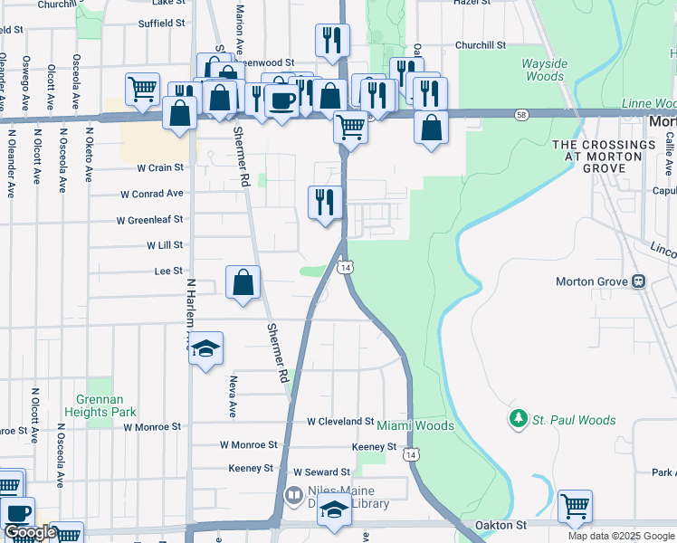 map of restaurants, bars, coffee shops, grocery stores, and more near 8506 North Waukegan Road in Morton Grove