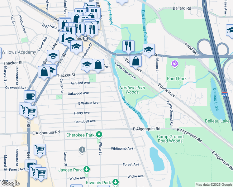 map of restaurants, bars, coffee shops, grocery stores, and more near 950 South River Road in Des Plaines