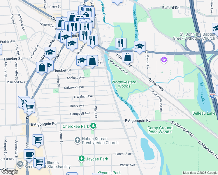 map of restaurants, bars, coffee shops, grocery stores, and more near 950 South River Road in Des Plaines