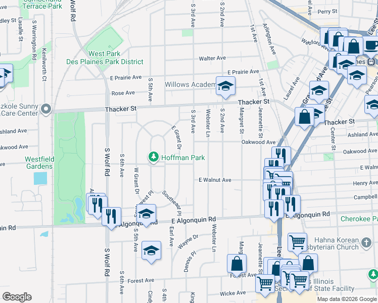 map of restaurants, bars, coffee shops, grocery stores, and more near 927 South 3rd Avenue in Des Plaines