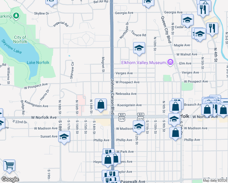map of restaurants, bars, coffee shops, grocery stores, and more near 300 Johnny Carson Boulevard in Norfolk
