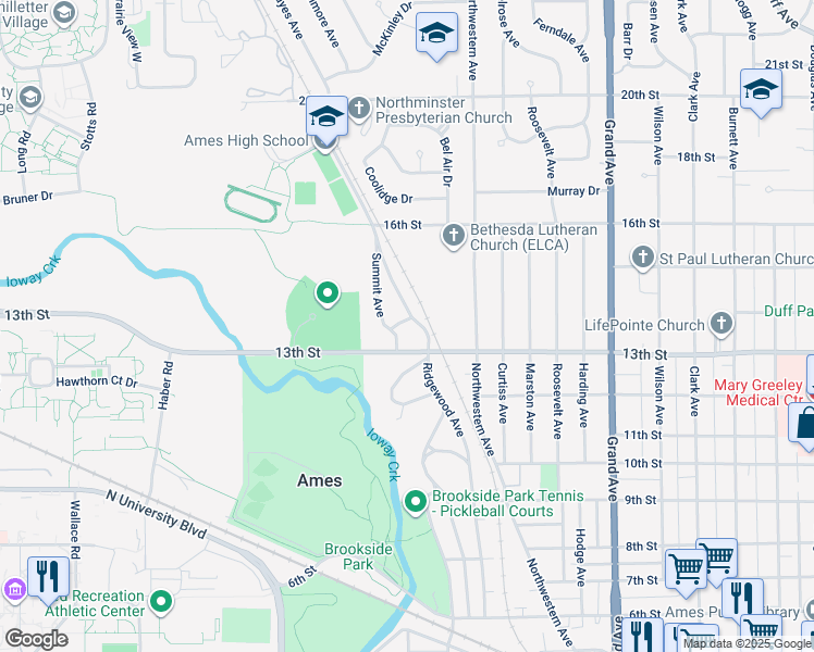 map of restaurants, bars, coffee shops, grocery stores, and more near 1414 Ridgewood Avenue in Ames