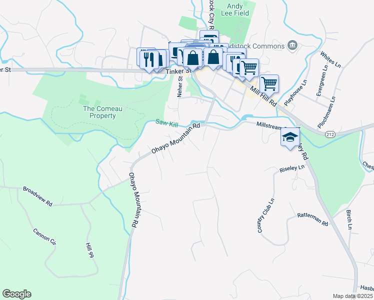 map of restaurants, bars, coffee shops, grocery stores, and more near 36 Ohayo Mountain Road in Woodstock